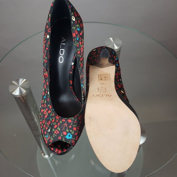 Aldo Satin Floral Peep Toe High Heels - Picture 3 of 3